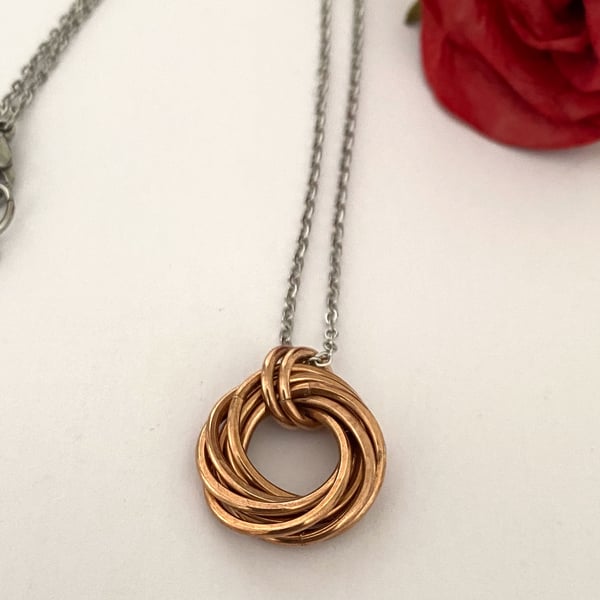 Hammered Pure Bronze Mobius Eight Ring Necklace for 8th Anniversary Gift Idea 