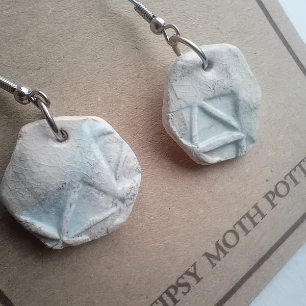 Pale blue crackle hexagon chunky porcelain clay earrings surgical steel hooks