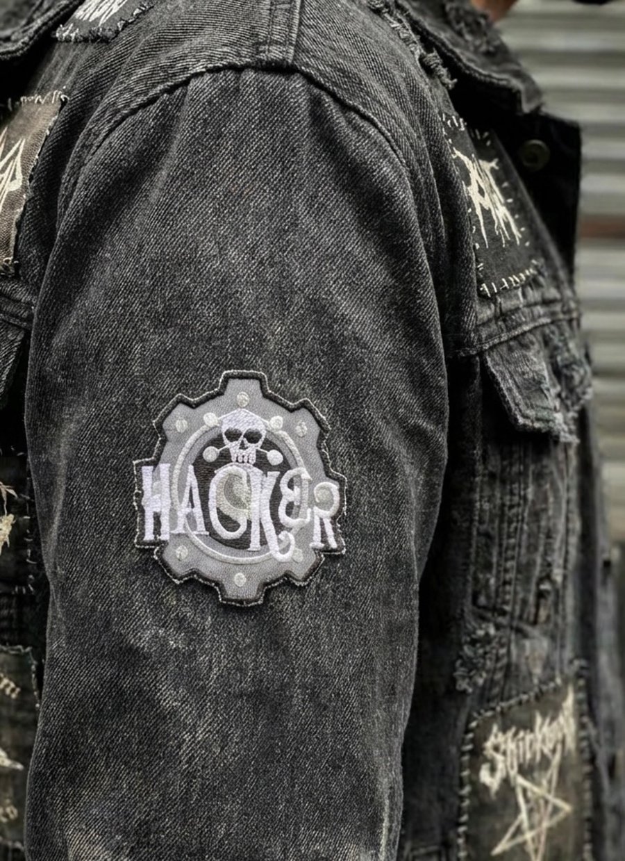Hacker Embroidered Patch Skull & Gear Cyberpunk Badge Machine Embroidery Patch