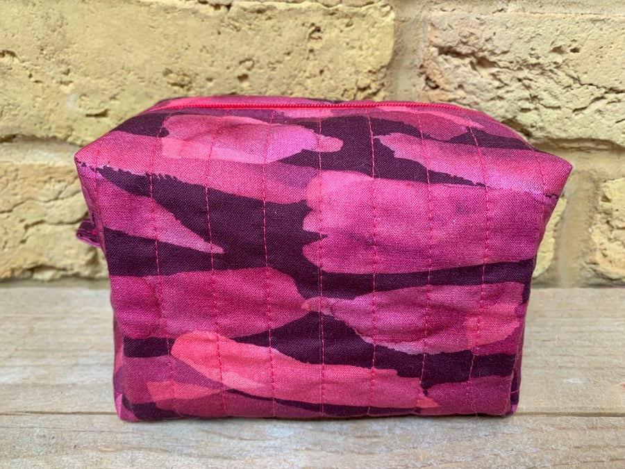 Pink and Purple Brushstroke Effect Quilted Fabric Box Shape Makeup Bag
