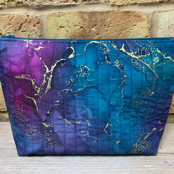 Purple, Jade and Gold Marble Effect Quilted Wash Bag