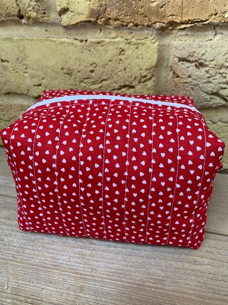 Red with White Hearts Print Quilted Fabric Box Shape Makeup Bag 