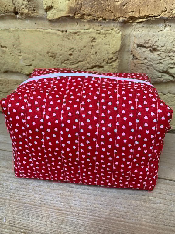 Red with White Hearts Print Quilted Fabric Box Shape Makeup Bag 