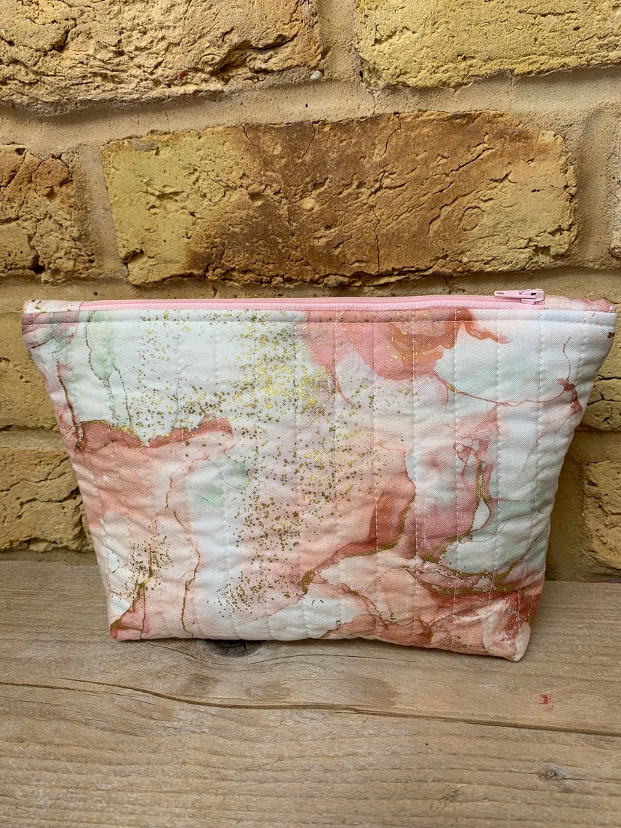Pink, Soft Green and Gold Marble Effect Quilted Fabric Makeup Bag