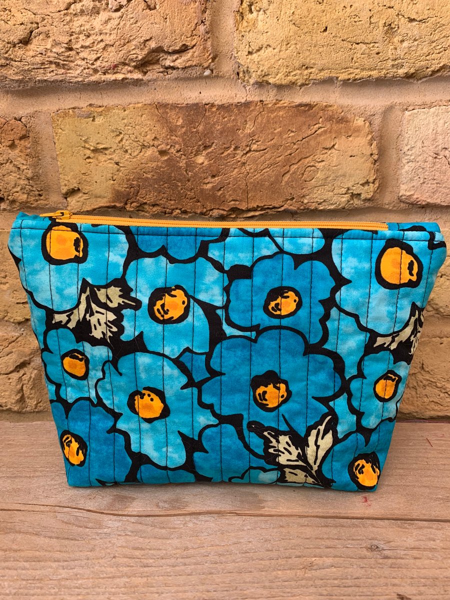 Bright Blue Floral Quilted Fabric Makeup Bag