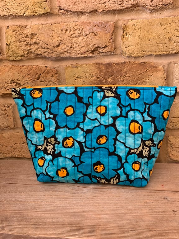Bright Blue Floral Fabric Quilted Wash Bag
