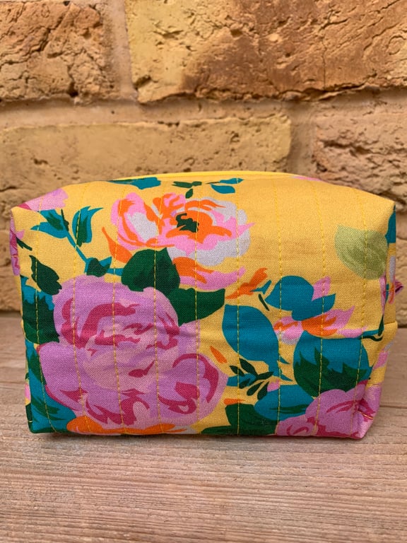 Bright Floral Fabric Quilted Box Shape Makeup Bag