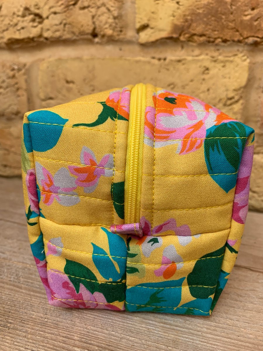Bright Roses Print Fabric Quilted Box Shape Makeup Bag