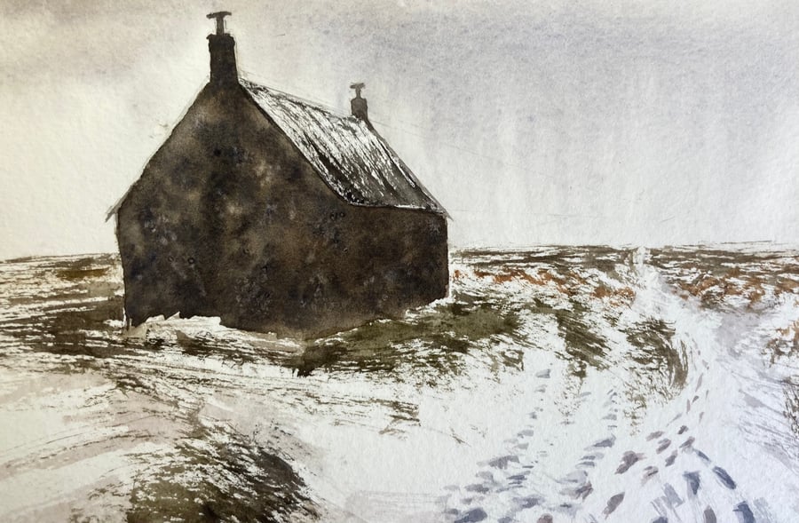 Winter farmhouse (Pure Original Watercolour FULLY MOUNTED 8” x 6”)