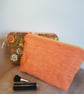 Vintage fabric  zipped pouch or makeup bag: orange tones & check lining: large  - Image 2