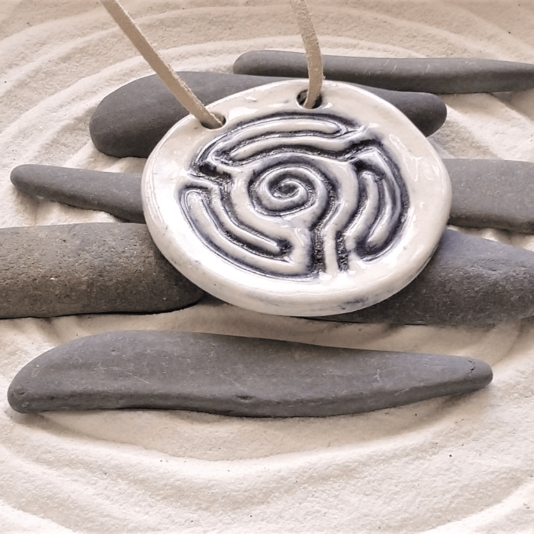 Ceramic pendant, a portable finger labyrinth jewellery white clay and cobalt 07