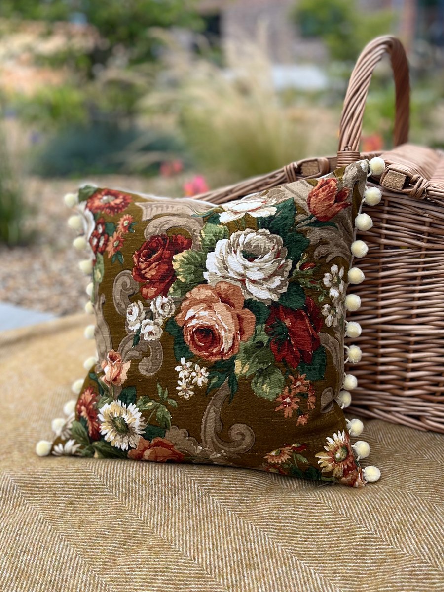 Vintage floral reclaimed linen cushion cover roses and daisies