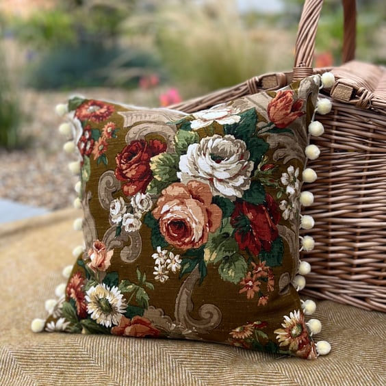Vintage floral reclaimed linen cushion cover roses and daisies