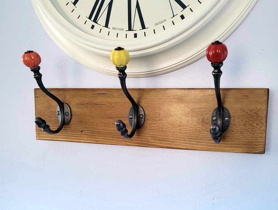 Beautiful Rustic 3 Hook Colourful Ceramic and Cast Iron Coat Rack