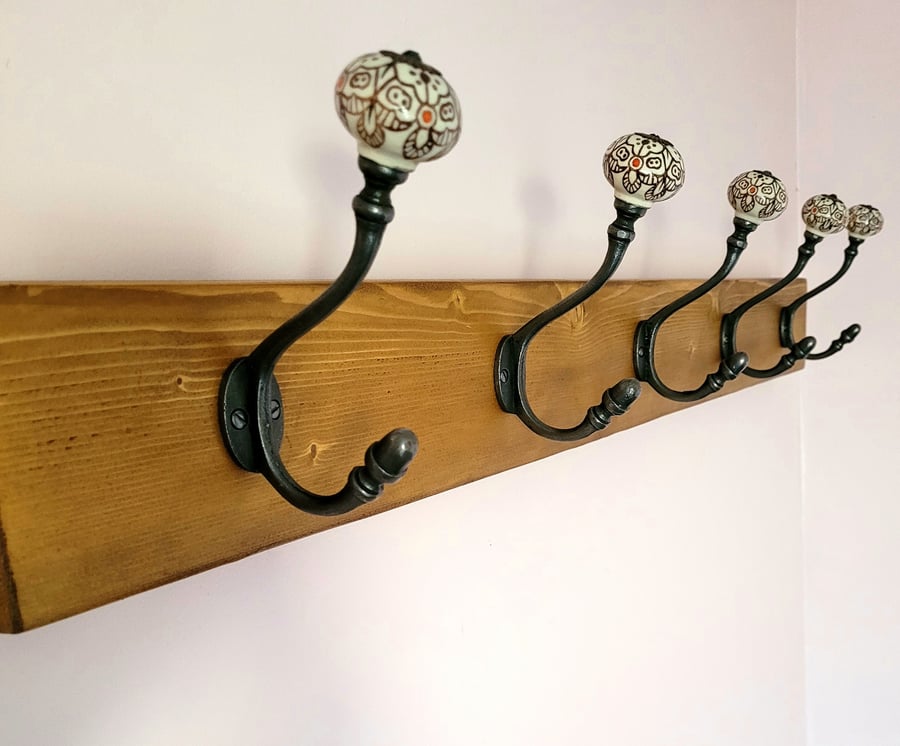 5 Hook Vintage Ceramic and Cast Iron Rustic Coat Rack Wall Mounted 