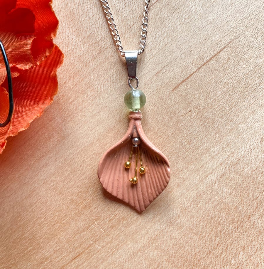 Handmade calla lily pendant and silver plated necklace