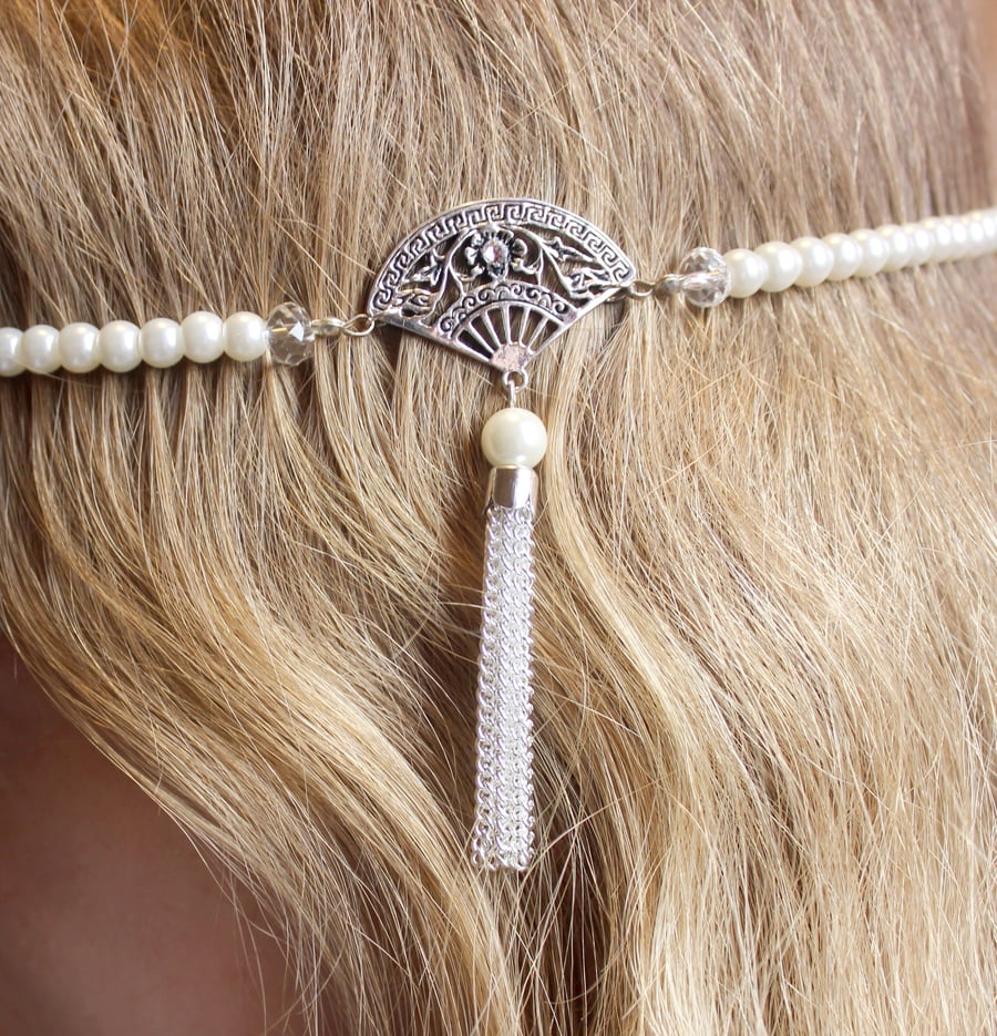 Flapper Art Deco Fan tassel faux pearl headband