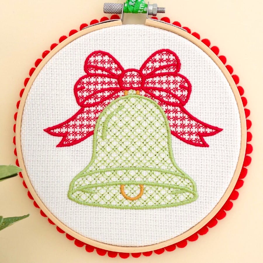 Christmas Decorations Embroidered Hoop: Green & Red Bell 15cm  