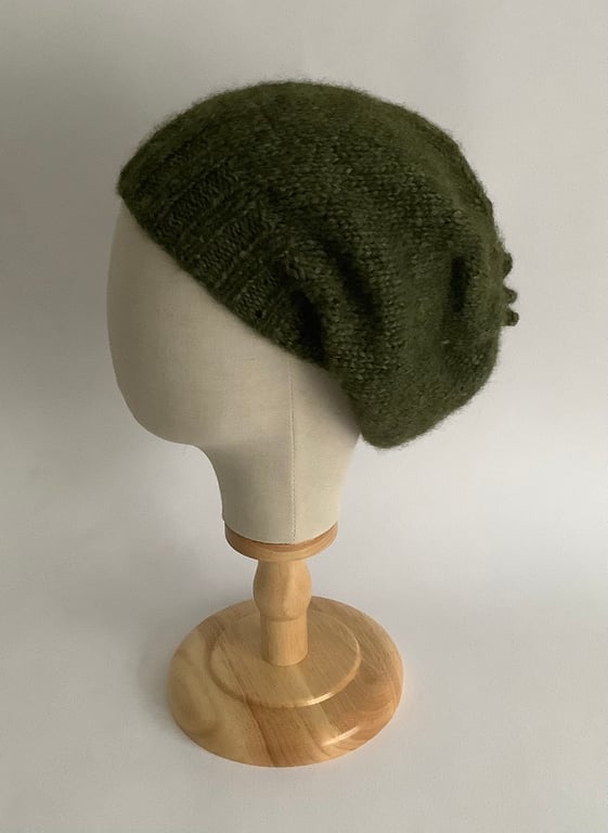 SLOUCH BEANIE .Hat  'Elodie' . Luxurious baby alpaca , merino blend . Evergreen.