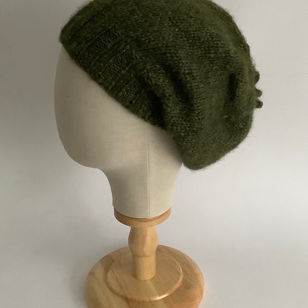 SLOUCH BEANIE .Hat  'Elodie' . Luxurious baby alpaca , merino blend . Evergreen.