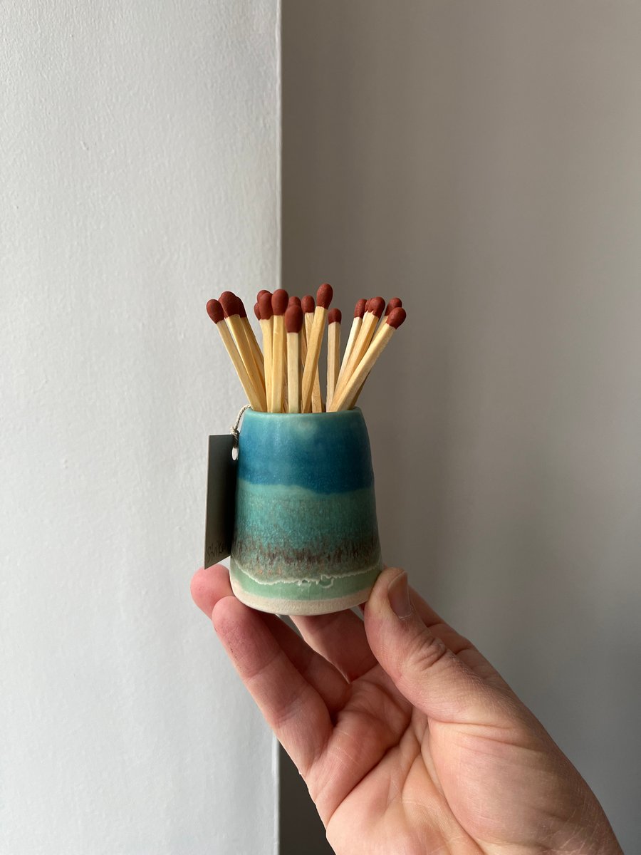 Ceramic handmade striker pot - Glazed in turquoise and greens 