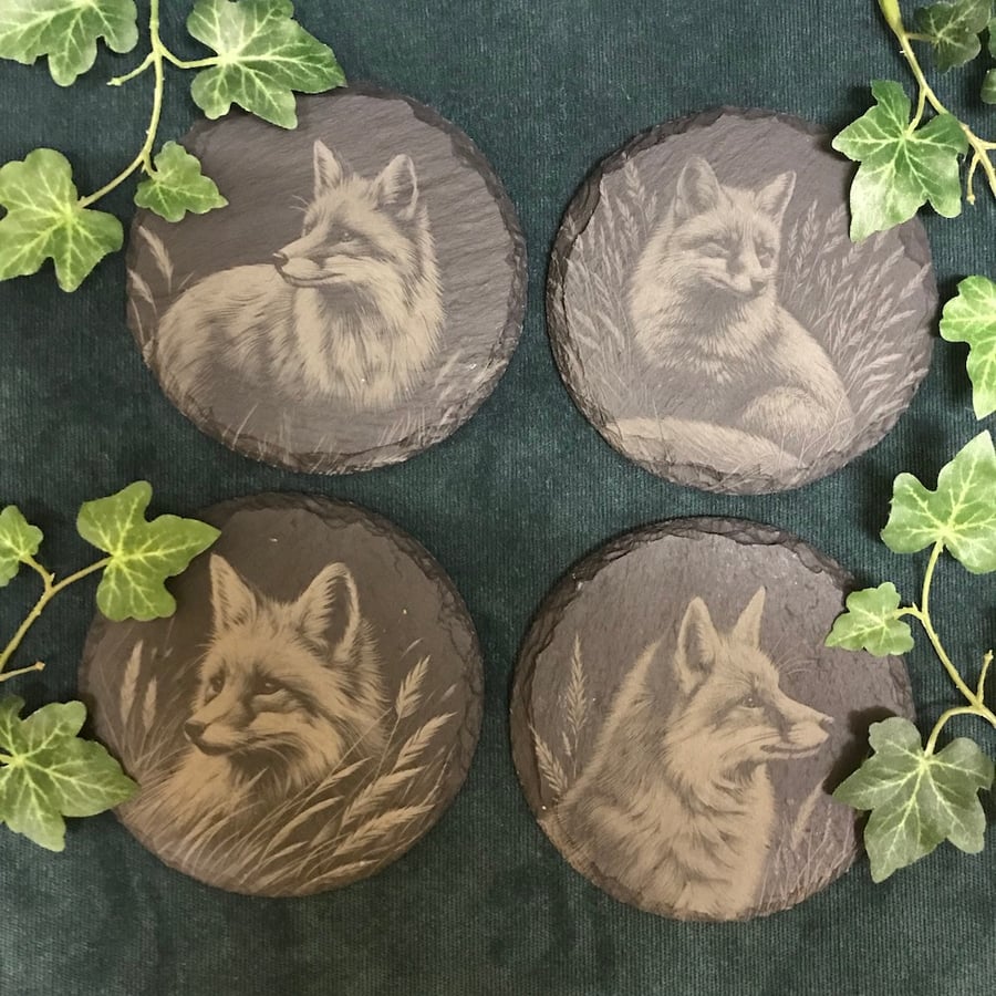 Wild fox slate coasters, laser engraved nature, wldlife