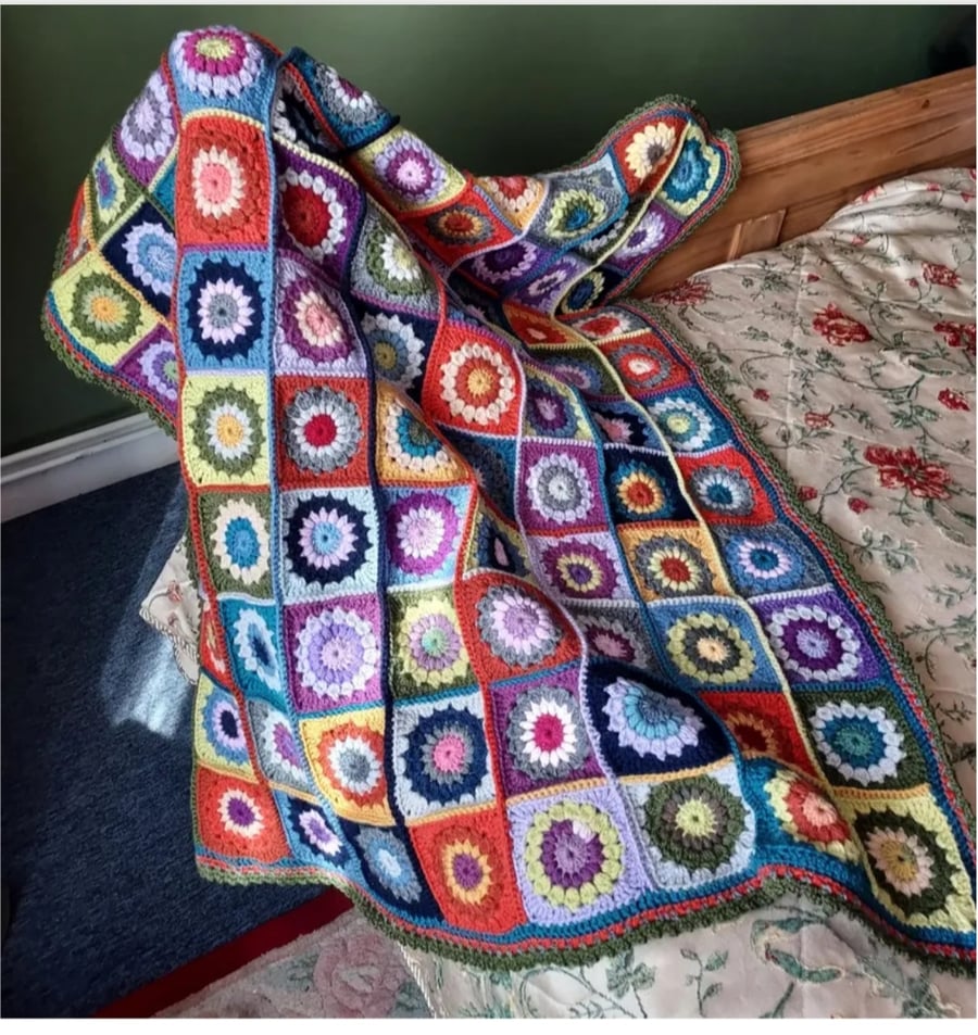 Hand crocheted sun burst square throw
