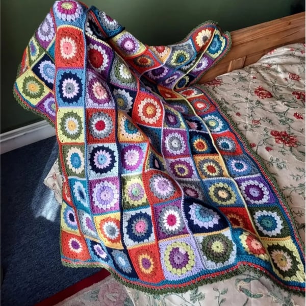 Hand crocheted sun burst square throw
