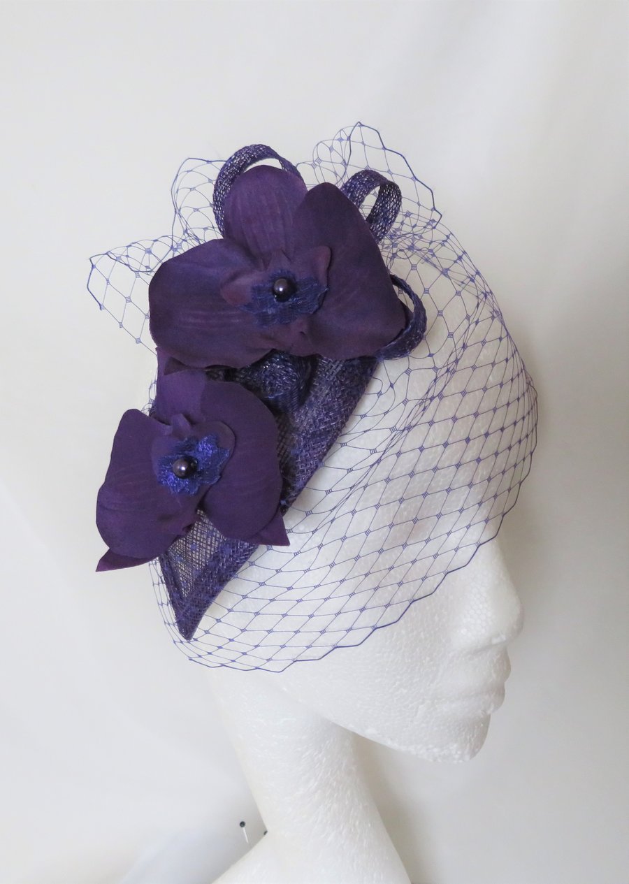 Dark Purple Retro Orchid Flower Cocktail Fascinator Hat