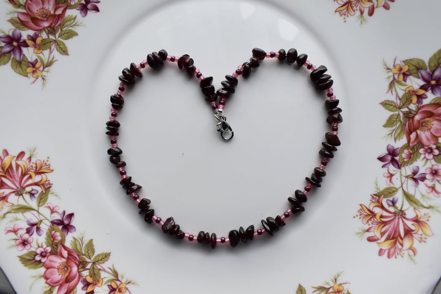 Garnet Nugget Chips, Pink & Red Seed Beaded Necklace