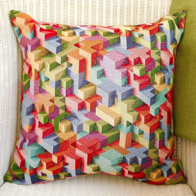 Cushion Cover: Tapestry Blocks design Green reverse 17"(43cm)