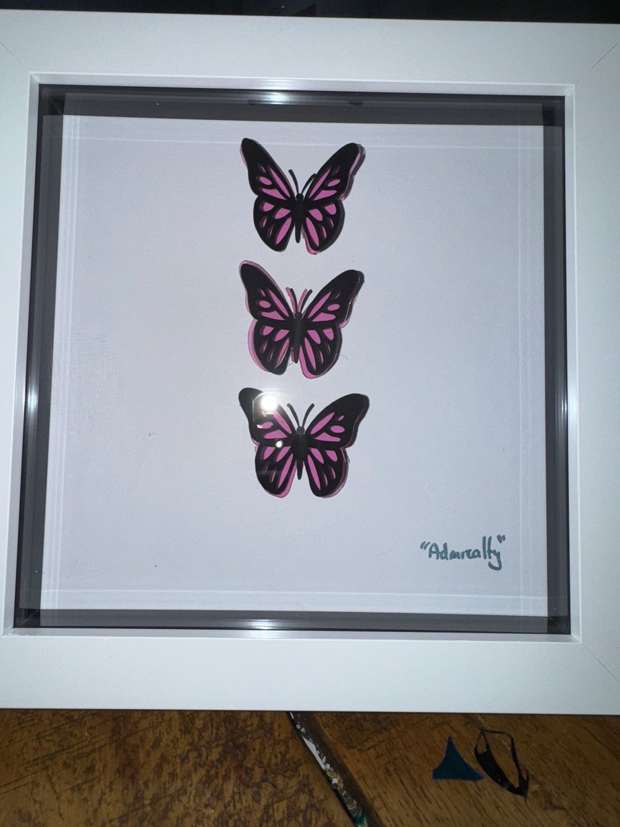 3 black butterflies with red - shadow box