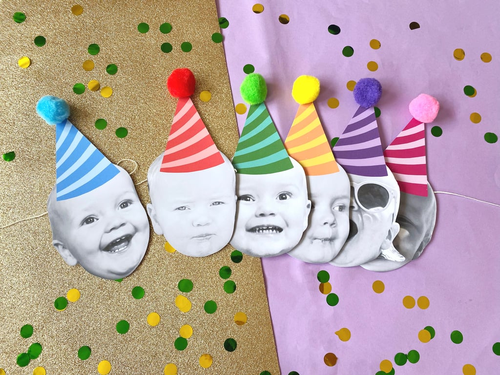 Photo Face Striped Party Pom Pom Birthday Bunting