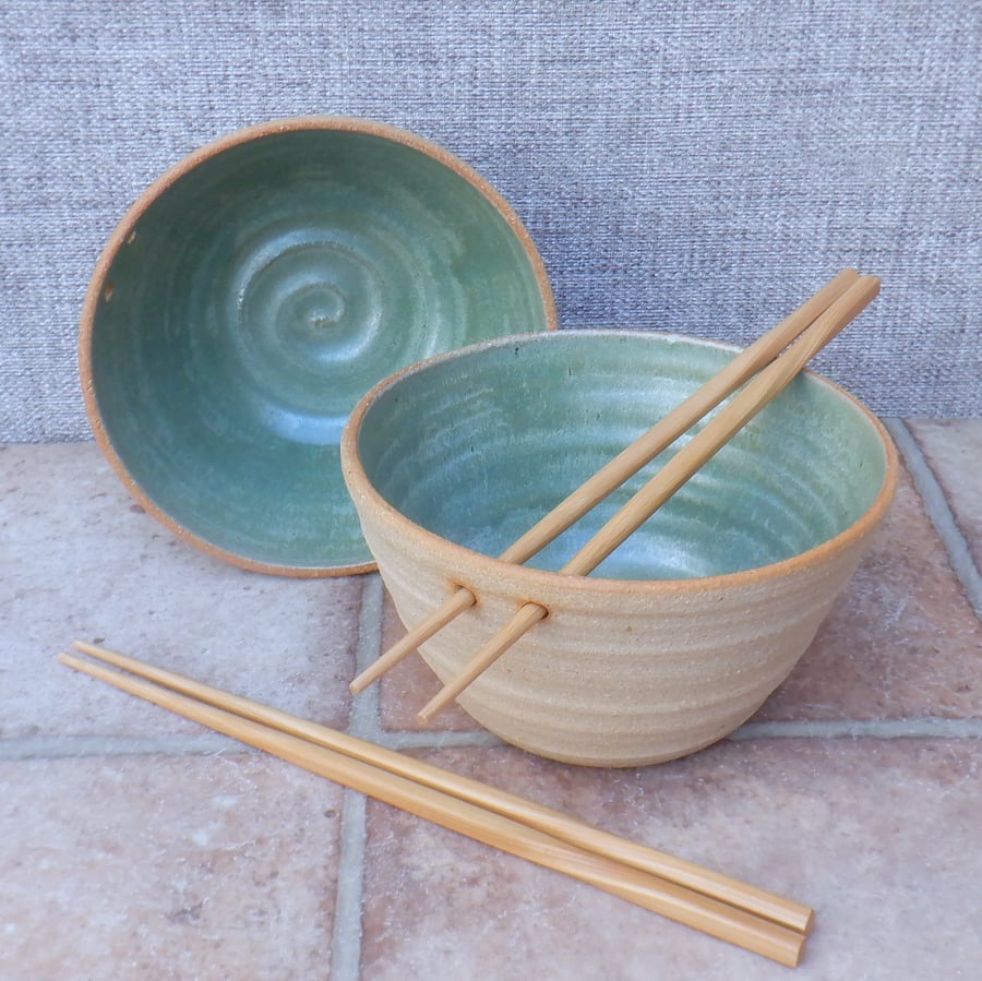 Image of Pair of noodle soup rice or cereal serving bowl stoneware pottery handmade 