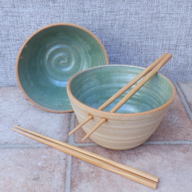 Pair of noodle soup rice or cereal serving bowl stoneware pottery handmade 