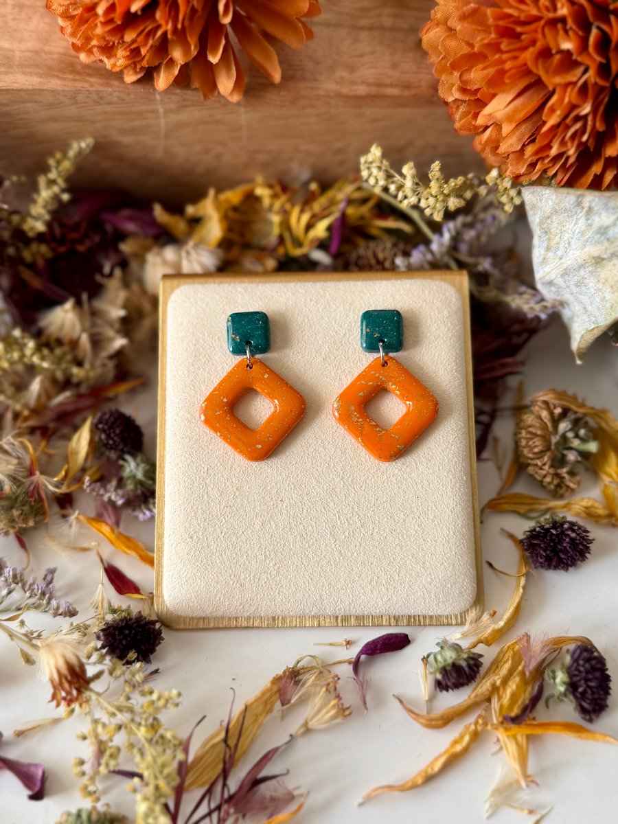 Teal and Orange - Square and Hollowed Diamond Earrings 