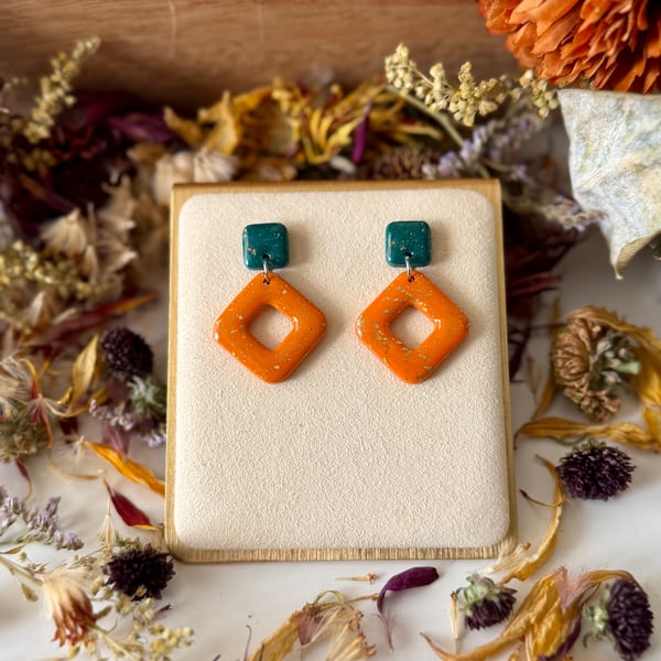 Teal and Orange - Square and Hollowed Diamond Earrings 