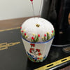 Vintage 1930s floral egg cup embroidered pin cushion with bee and flowers