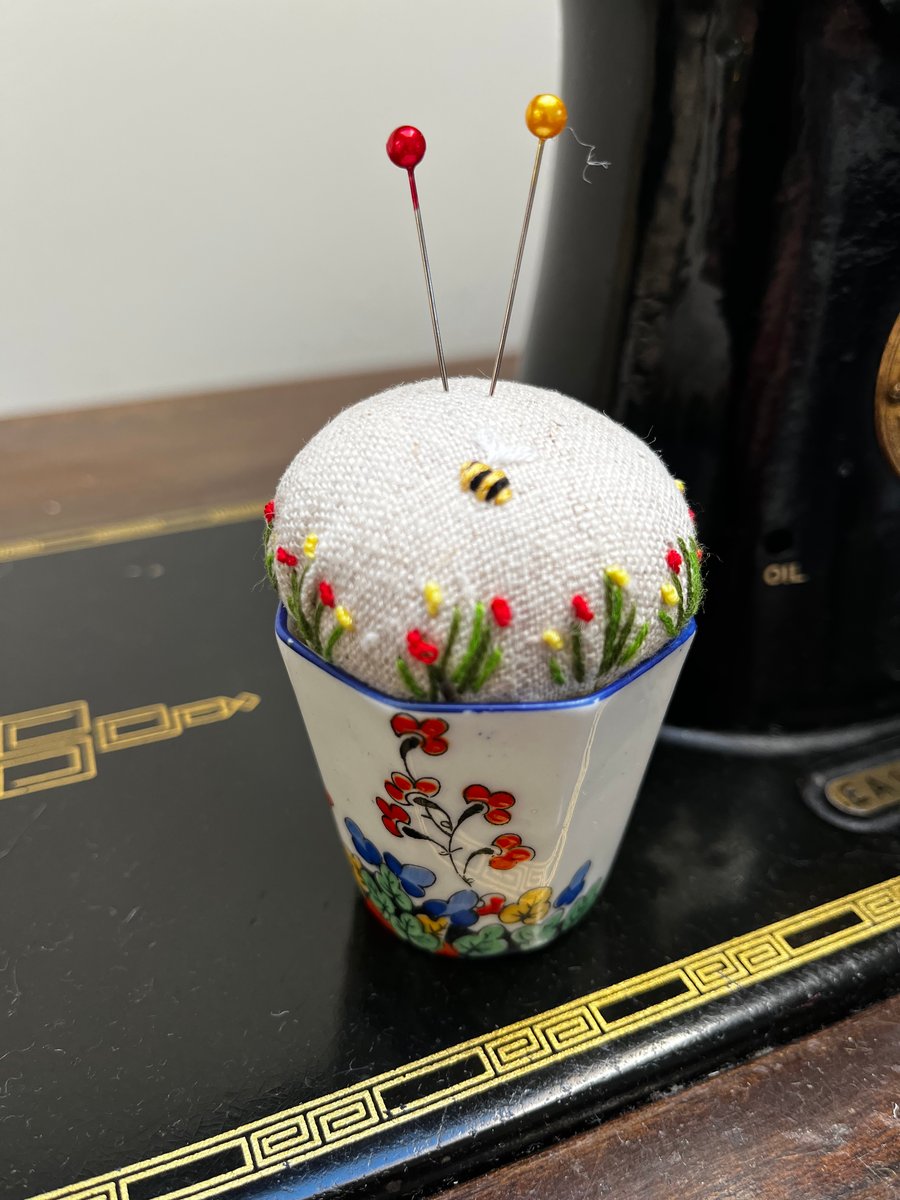 Vintage 1930s floral egg cup embroidered pin cushion with bee and flowers