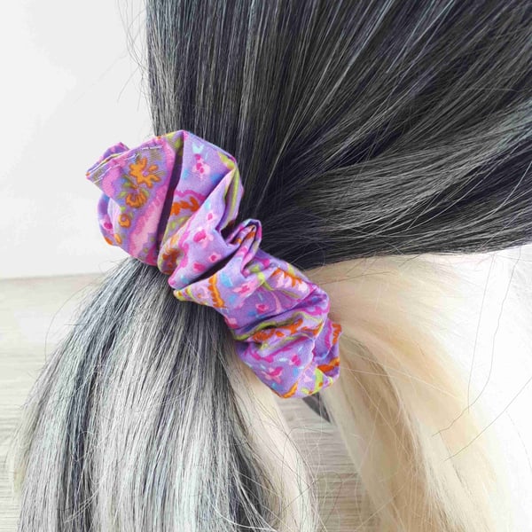 Medium Scrunchies, Purple Multi-coloured Paisley, Ponytail Hairstyle, Gift C11