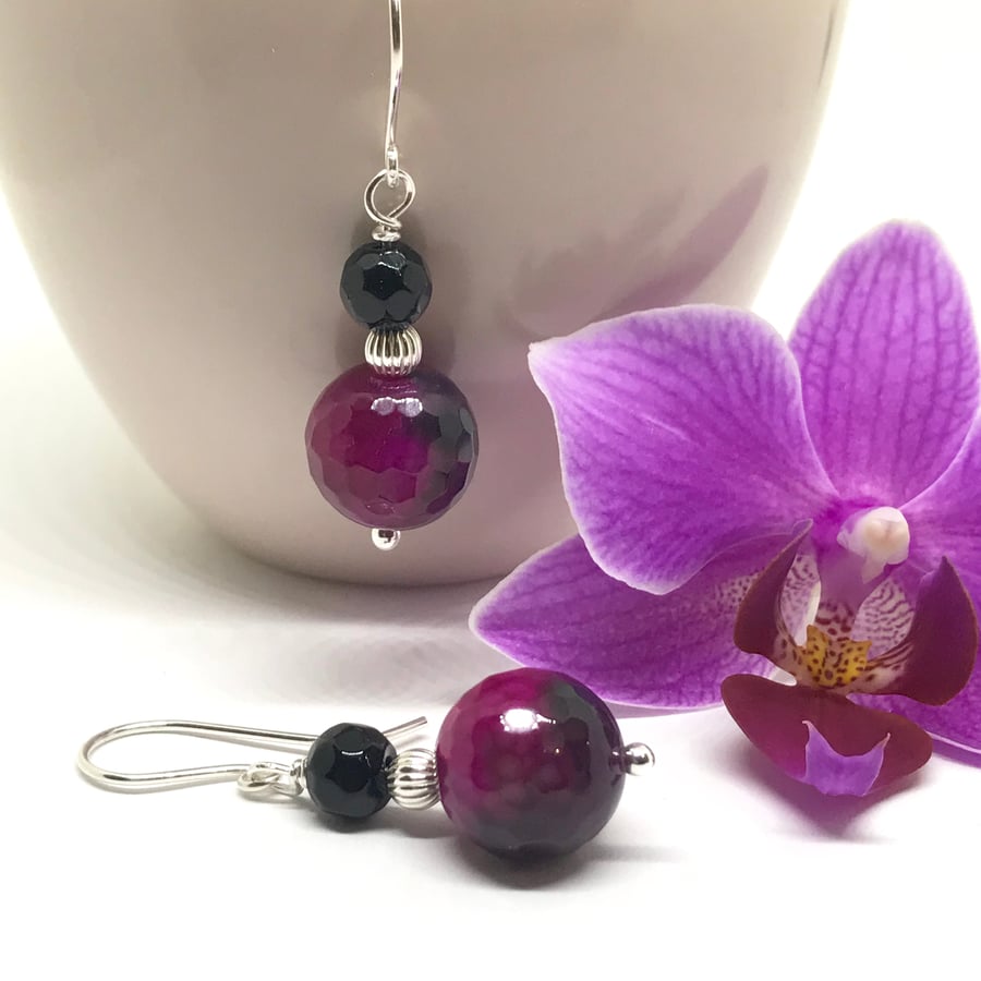 Fuchsia and Black Agate Earrings, Sterling Silver