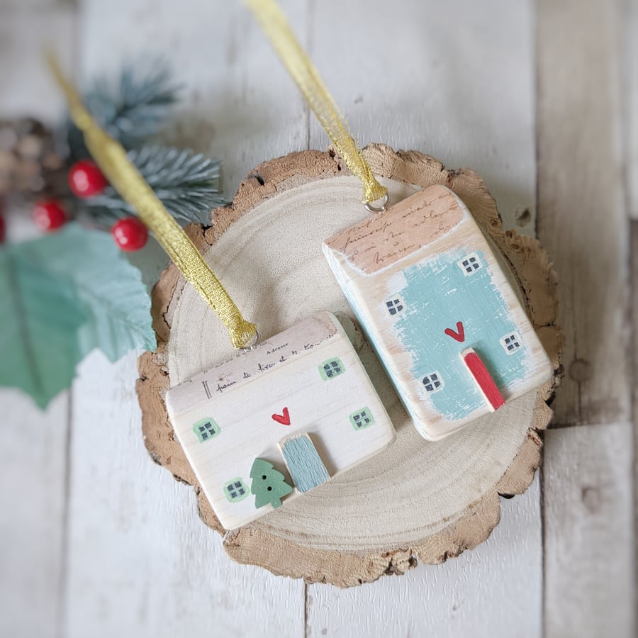 Set of 2 Wooden Christmas House Hanging Decorations