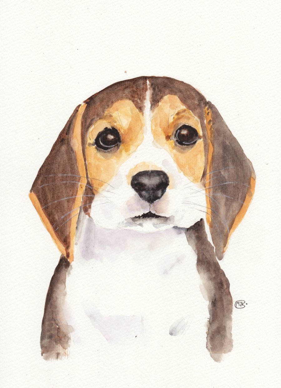 Cute Beagle Puppy Dog Portrait. Original painting