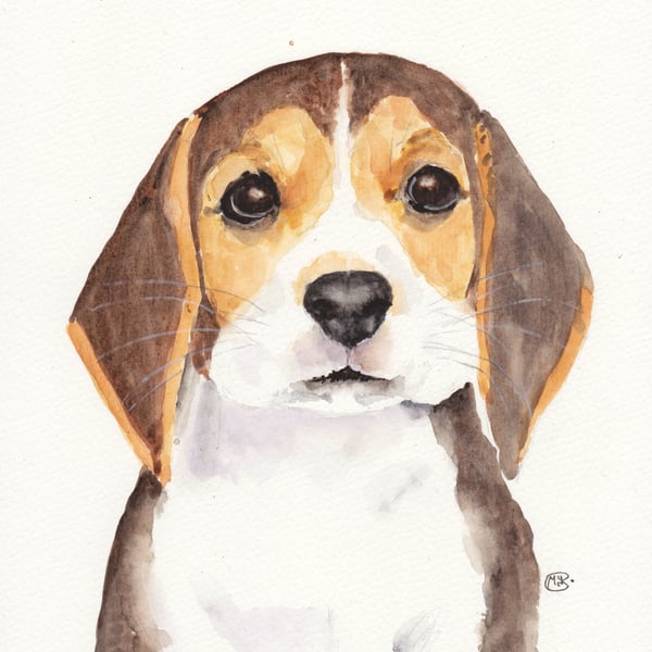 Cute Beagle Puppy Dog Portrait. Original painting