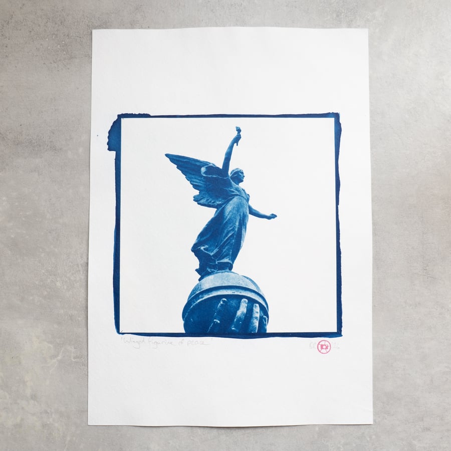 A4 Handmade Cyanotype Print - 'Winged Figurine Of Peace'
