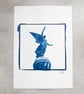 Handmade Cyanotype Print - 'Winged Figurine Of Peace'