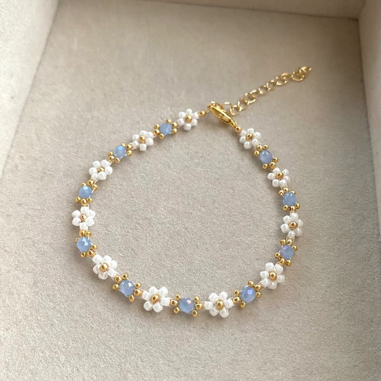 Blue Beaded Flower Bracelet, 18K Gold Plated