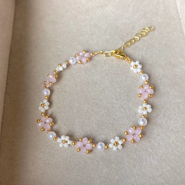 Pink Beaded Flower Bracelet, 18K Gold Plated
