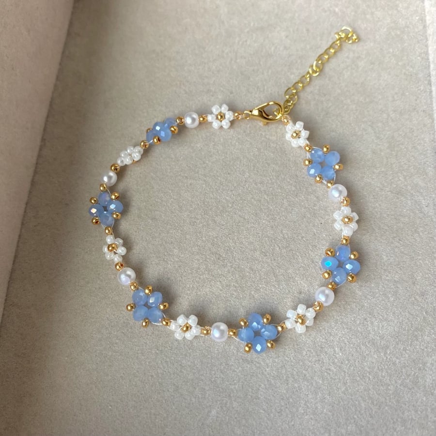 Blue Beaded Flower Bracelet, 18K Gold Plated