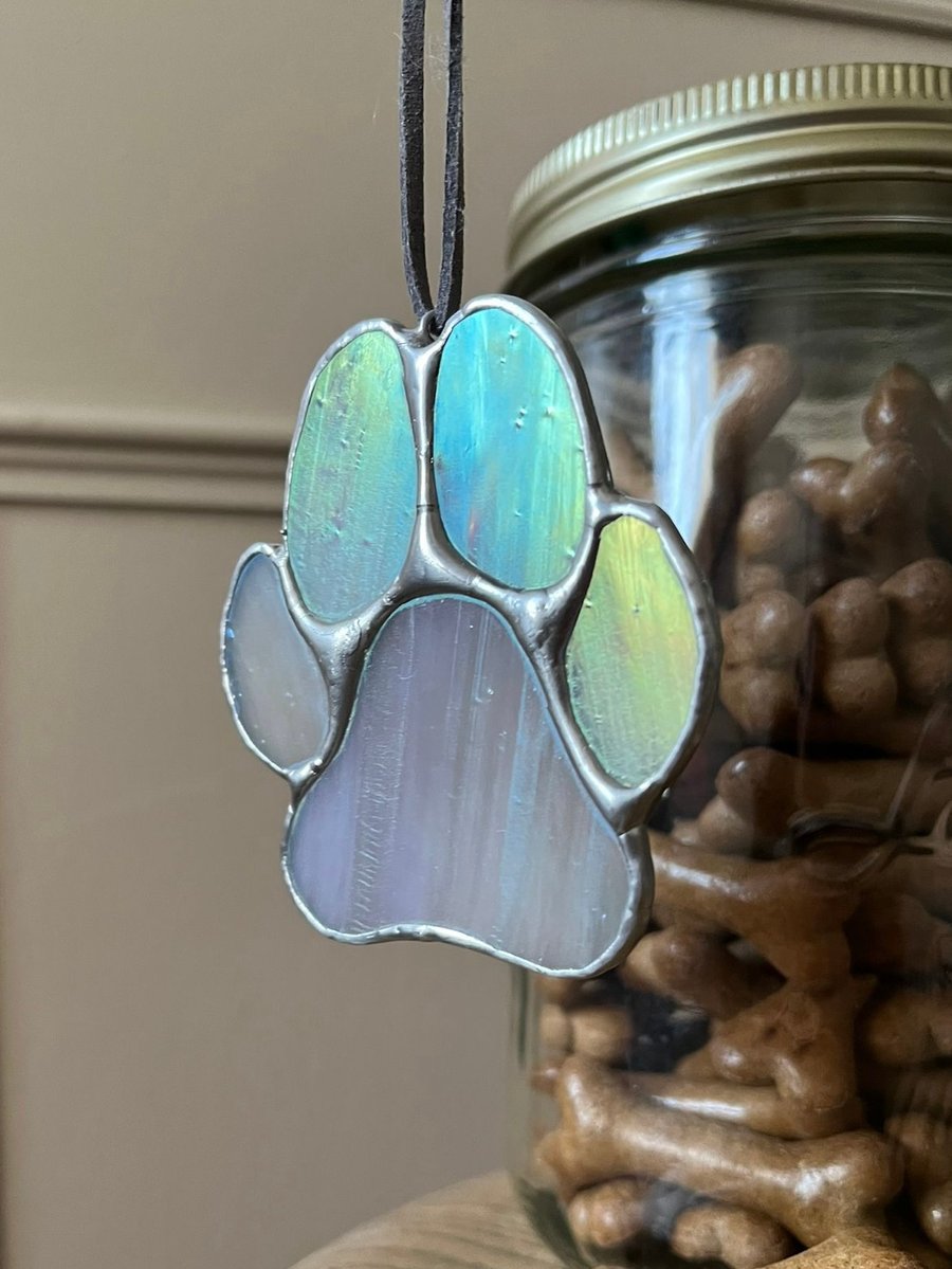 Grey iridescent stained glass paw decoration - gift for dog lovers